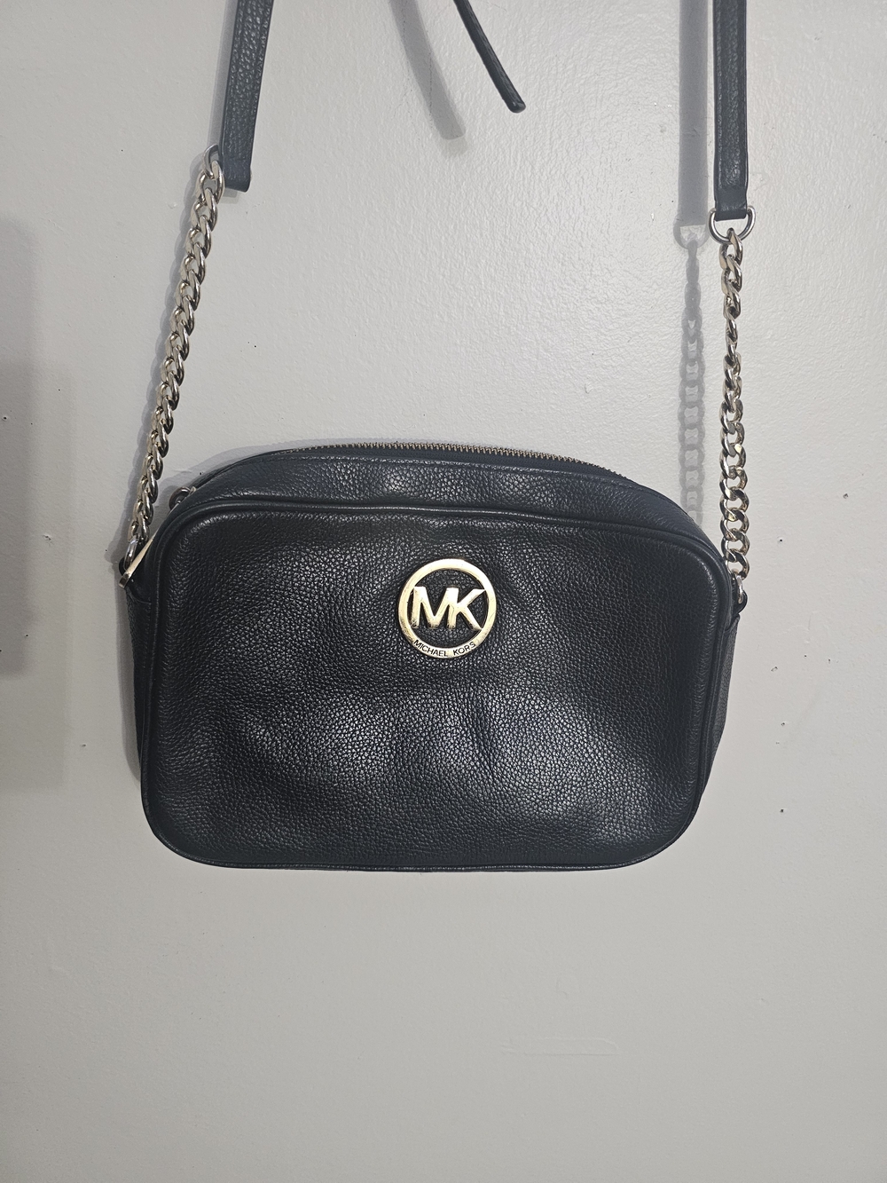 Michael Kors Black Pebbled Leather MK Medallion Crossbody